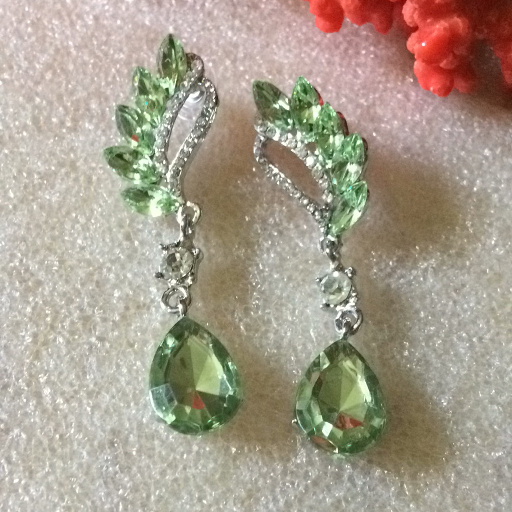 Green Rhinestone Long Earrings
